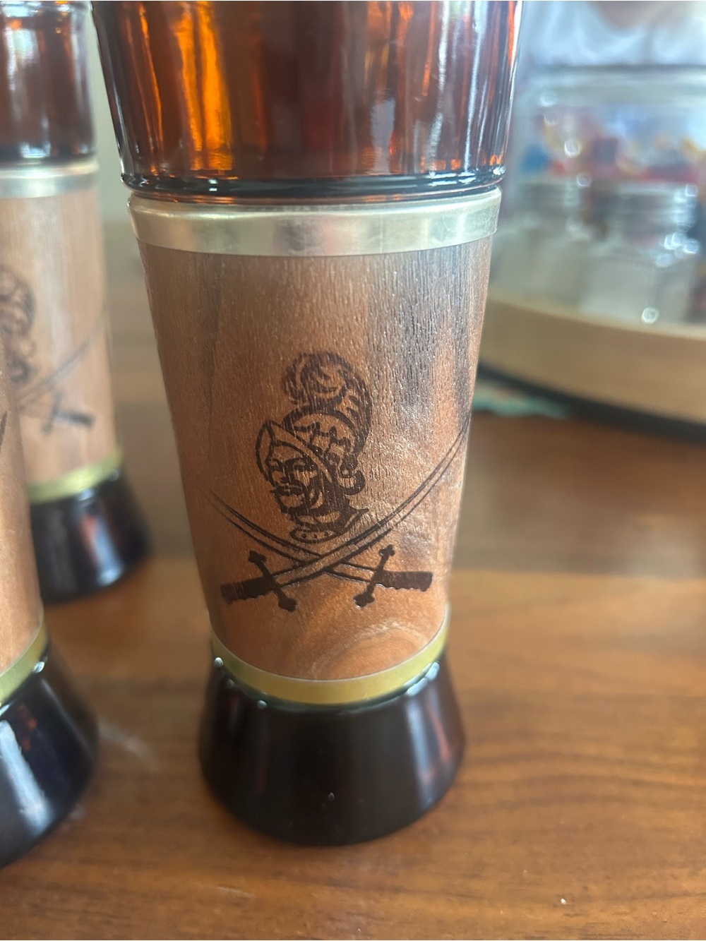 Carved Wood & Amber Glass Shot Glasses